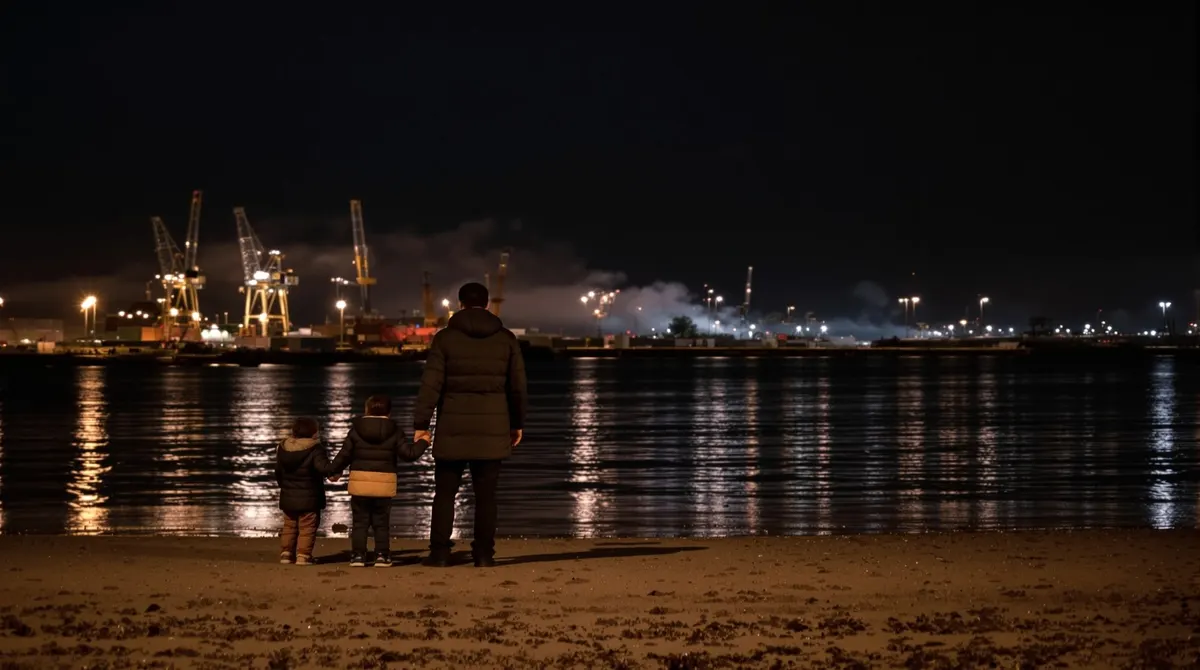 Familie von hinten am Elbstrand Övelgönne, fernes Silvesterfeuerwerk über der Elbe