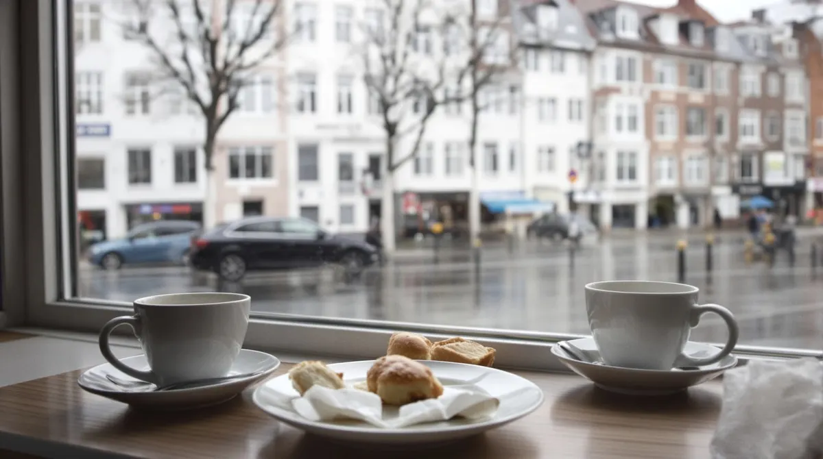 Brunchtisch am Fenster eines Cafés in Ottensen an einem grauen Neujahrsmorgen