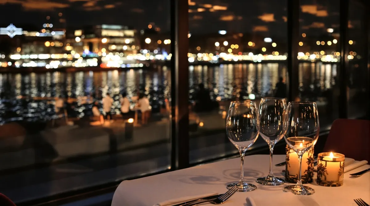 Gedeckter Restauranttisch mit Kerze am Fenster, dahinter die nächtliche Binnenalster