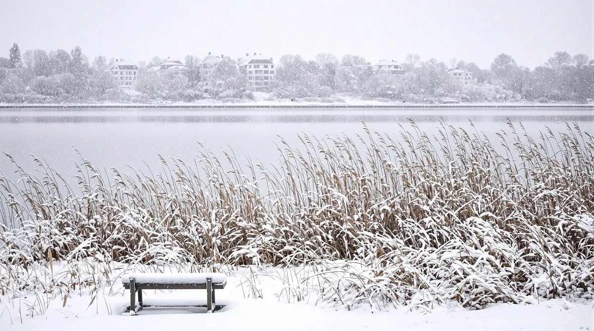 Verschneites Ufer der Außenalster, im Hintergrund weiße Villen im Schneefall