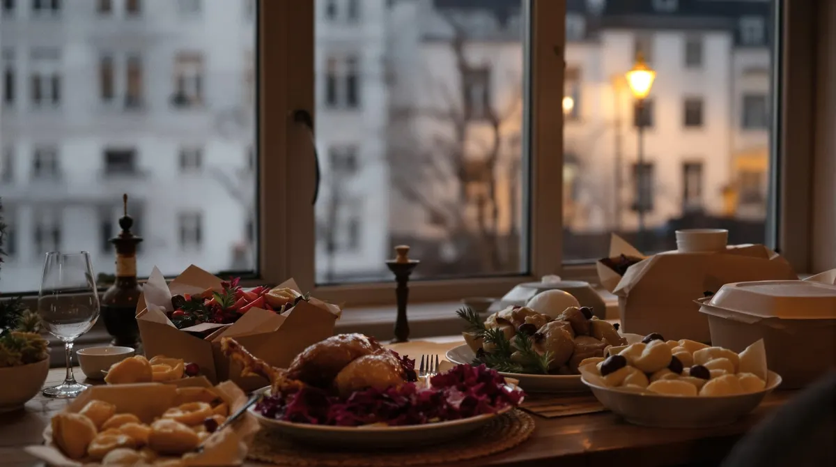Gänsebraten mit Rotkohl auf dem Tisch einer Altbauwohnung in Eimsbüttel