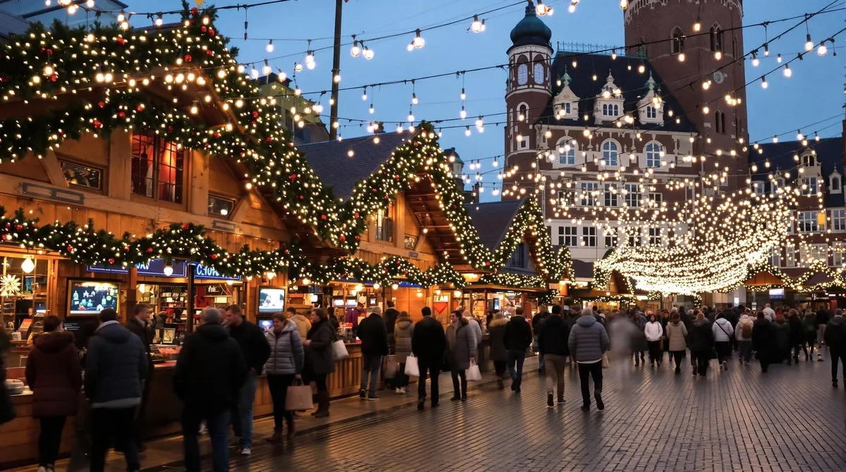 Blick über die Holzbuden des Weihnachtsmarkts am Hamburger Rathaus in der Dämmerung