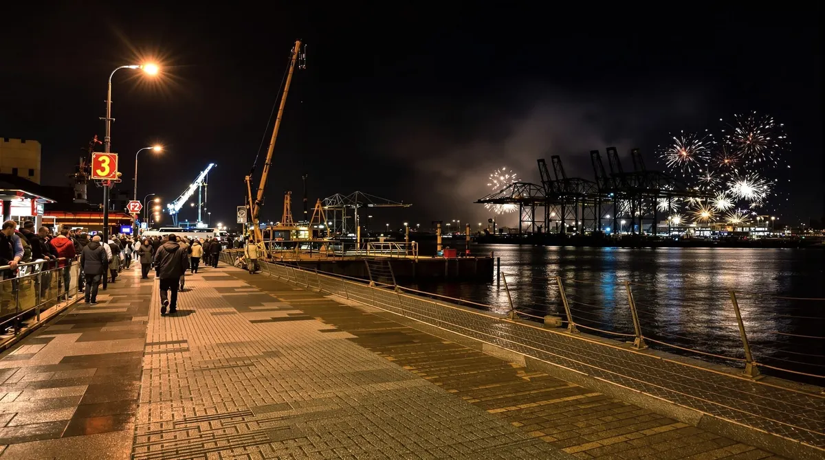 Menschen an den Landungsbrücken, Feuerwerk in der Ferne über Elbe und Hafen