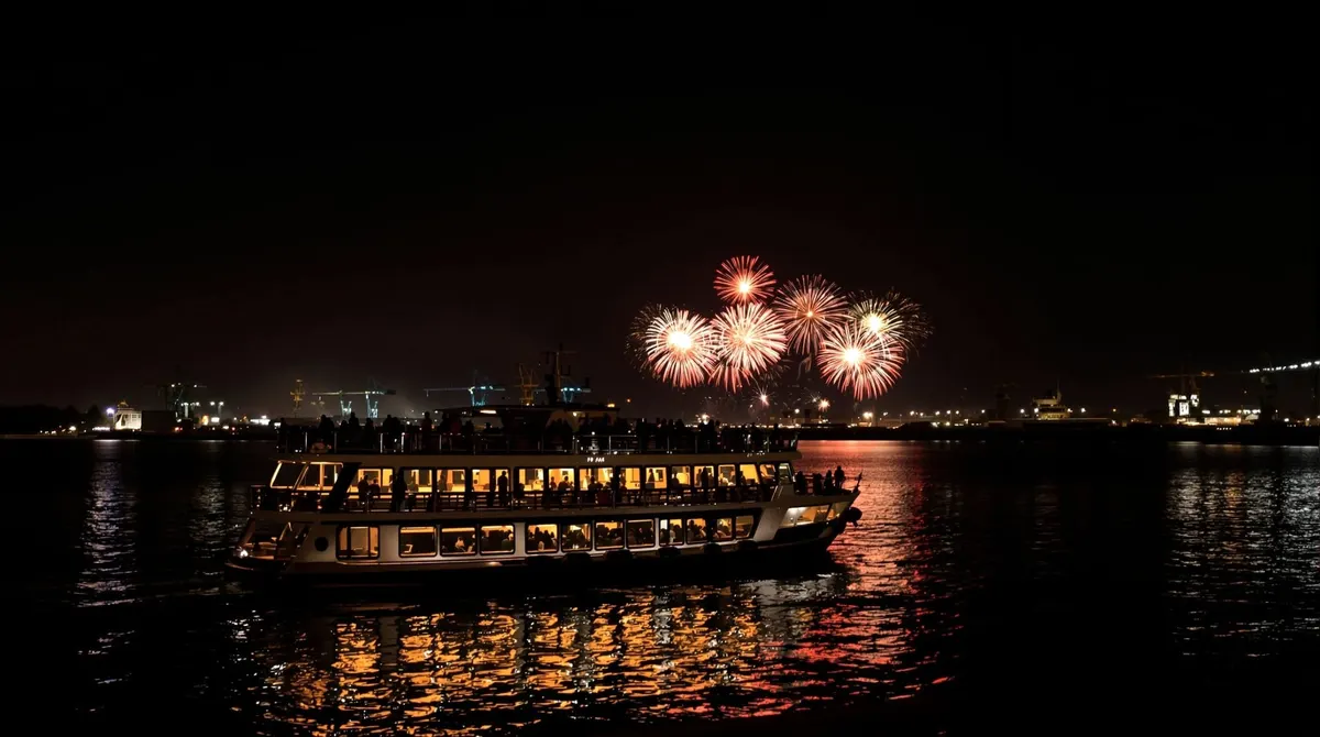 Beleuchtetes Ausflugsschiff auf der Elbe in der Silvesternacht mit fernem Feuerwerk