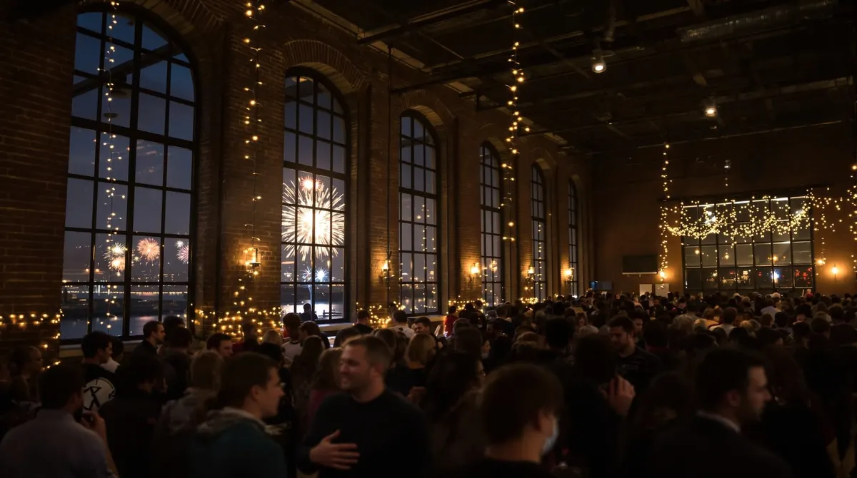 Silvesterparty in einem Backsteinspeicher, durch die Fenster fernes Feuerwerk