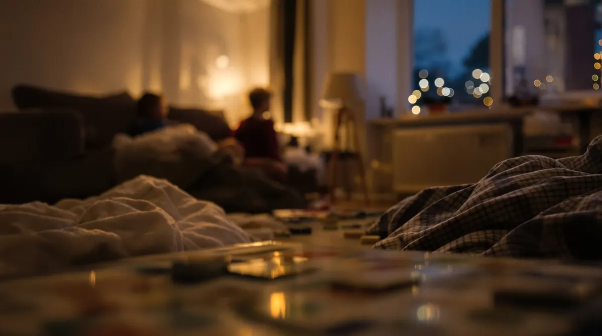 Ruhiger Silvesterabend im Altbauwohnzimmer, Erwachsener und Kind von hinten am Fenster
