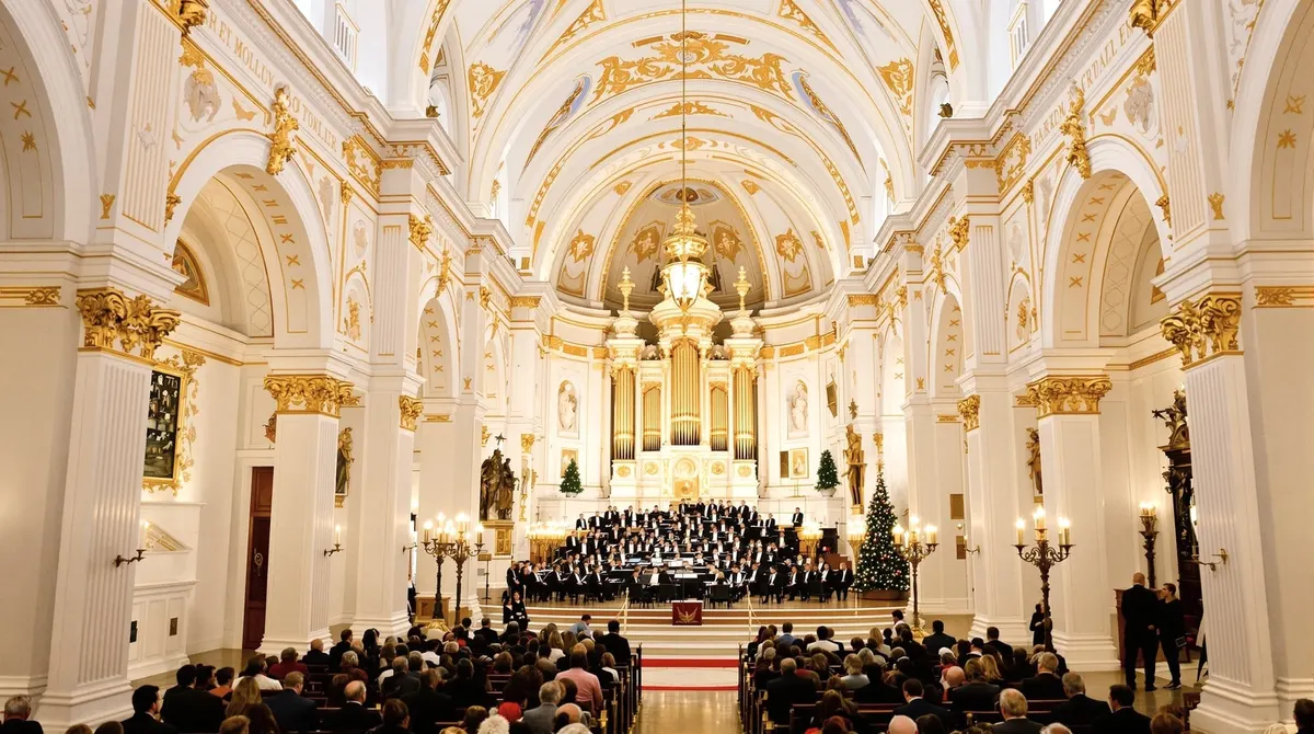 Weihnachtskonzert im Michel, Chor und Orchester klein vor dem Altar von der Empore