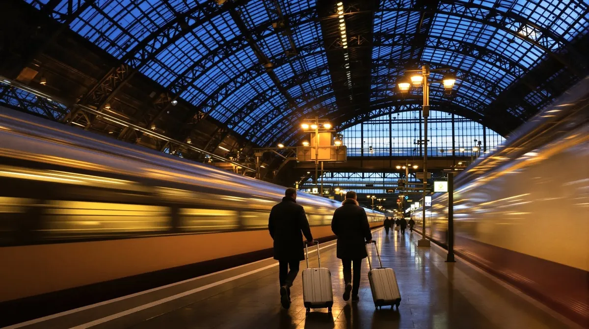 Reisende mit Koffern von hinten auf einem Bahnsteig unter der Stahlhalle des Hamburger Hauptbahnhofs im Dezember