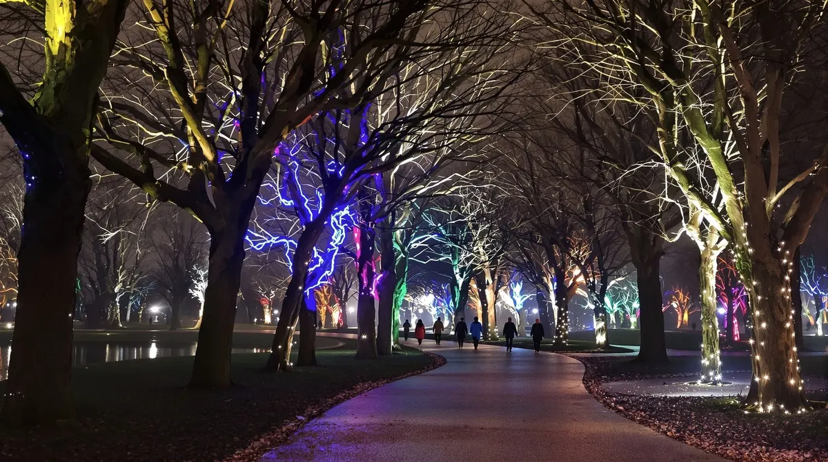 Beleuchteter Parkweg zwischen alten Bäumen in Hamburg an einem nebligen Dezemberabend, Besucher von hinten