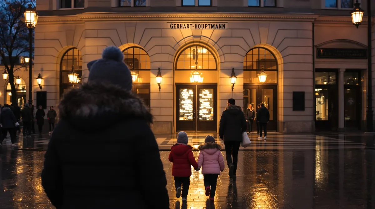 Familien von hinten auf dem Weg zum beleuchteten Theatereingang am Gerhart-Hauptmann-Platz an einem Dezemberabend