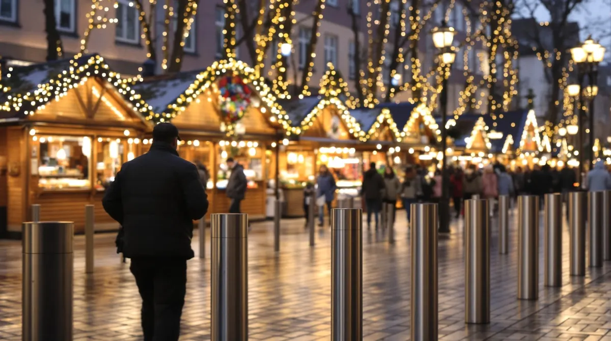 Absperrungen am Eingang eines Weihnachtsmarkts in der Spitaler Straße, Sicherheitskraft von hinten