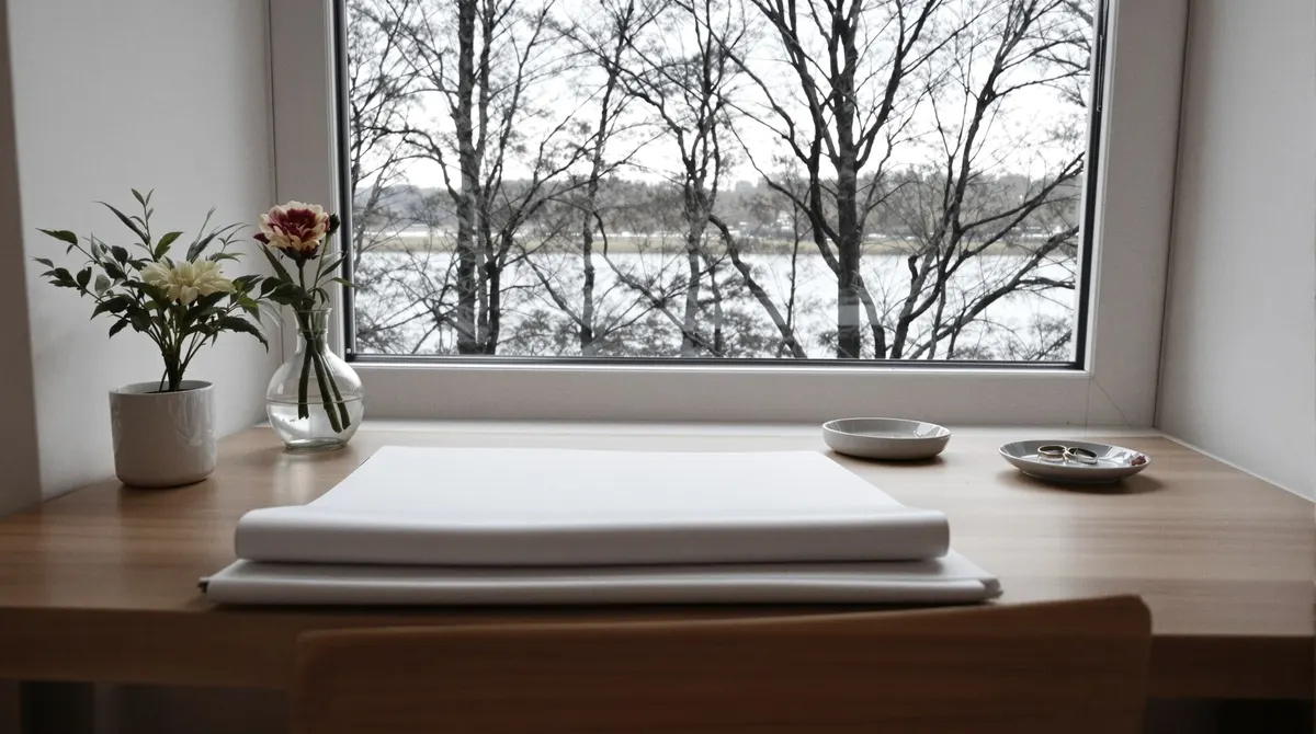 Schreibtisch am Altbaufenster mit Mappe und Eheringen, draußen unscharf die Außenalster im Dezember