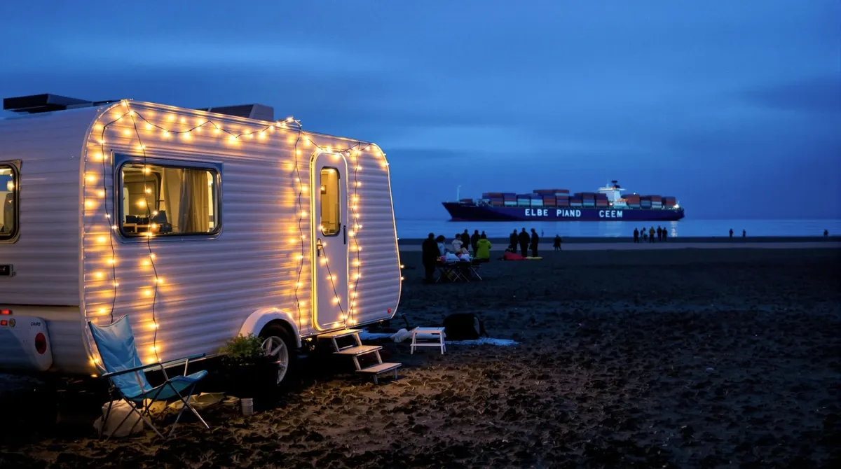Wohnwagen mit Lichterkette am Elbstrand bei Blankenese in der Dämmerung, im Hintergrund ein Schiff