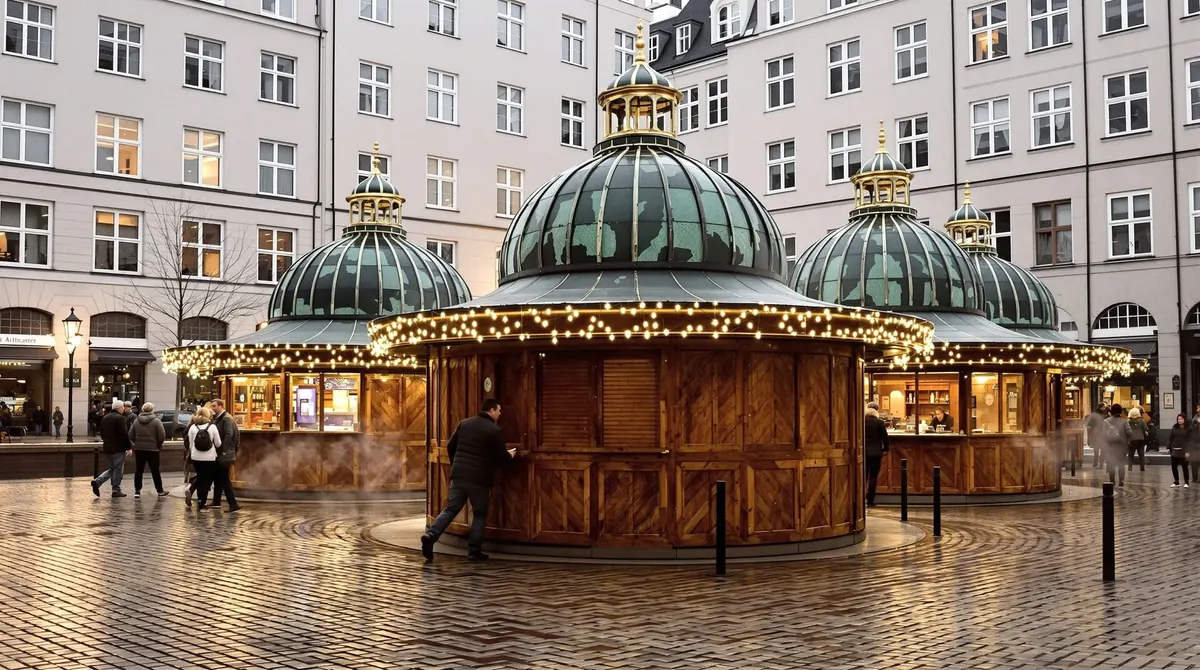 Rundhütten mit Kupferkuppeln und Lichterketten beim Marché de Noël im Bleichenhof der Stadthöfe