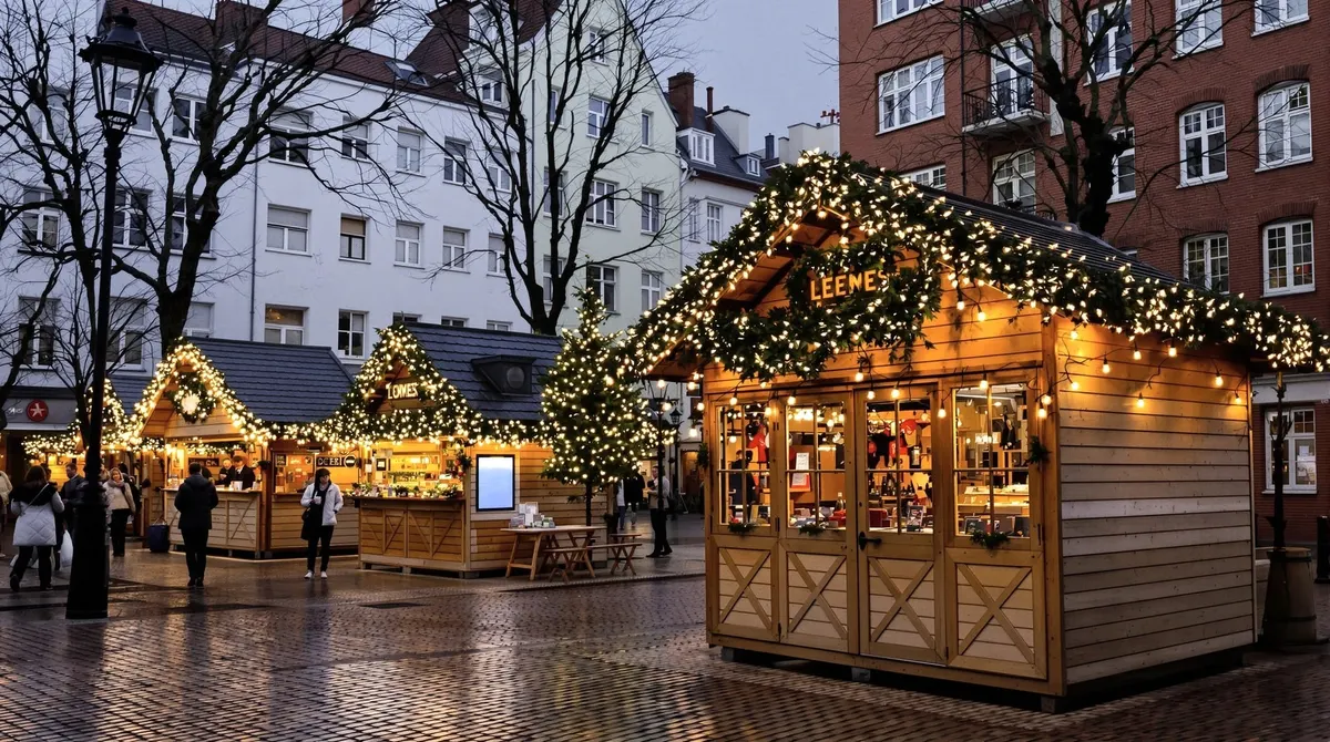 Kleiner Weihnachtsmarkt im Schanzenviertel mit Holzbuden und Lichterketten am frühen Dezemberabend