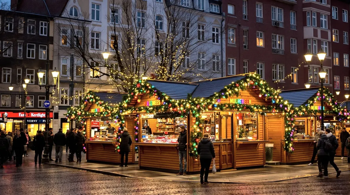 Weihnachtsmarkt mit bunten Lichterketten an der Ecke Lange Reihe/Kirchenallee in St. Georg