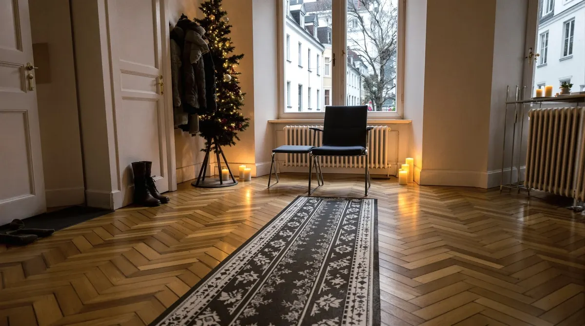 Eichenparkett in einer Eppendorfer Altbauwohnung, vorbereitet für eine Weihnachtsfeier