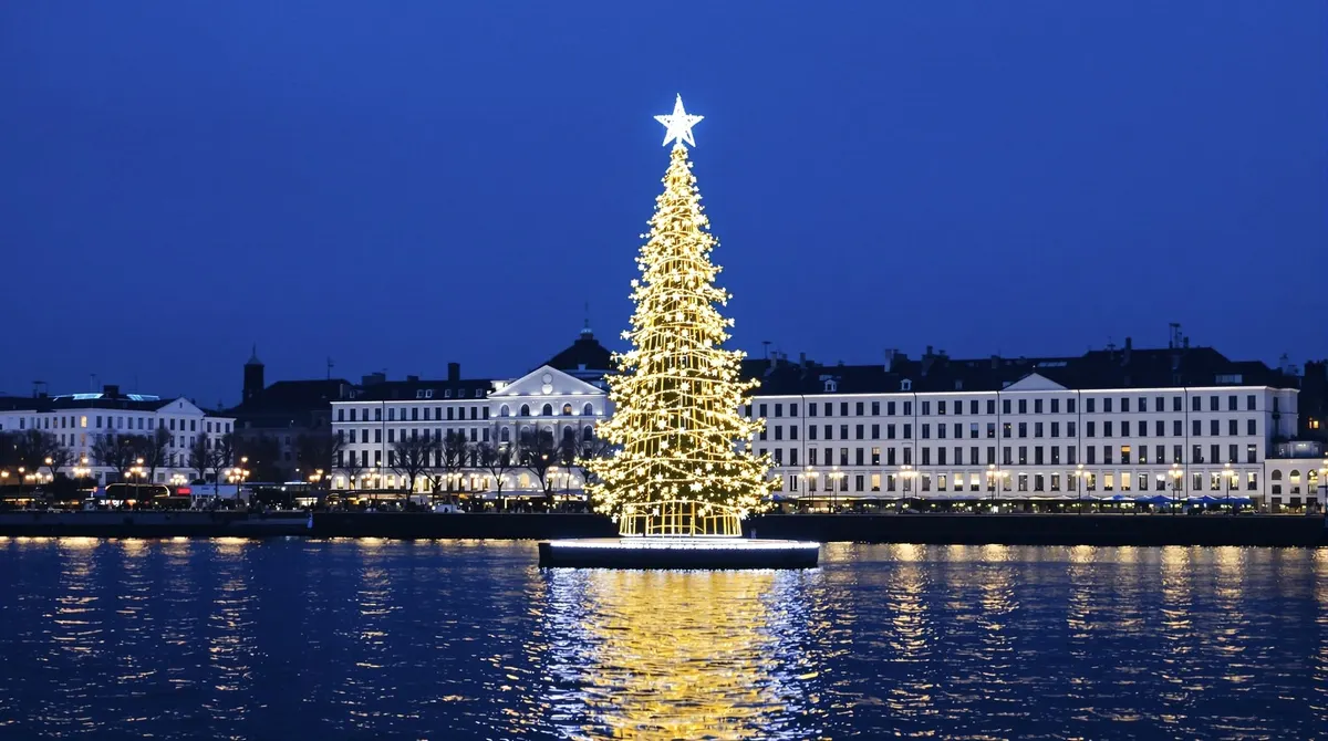 Beleuchteter Weihnachtsbaum auf der Binnenalster, vom Jungfernstieg aus gesehen