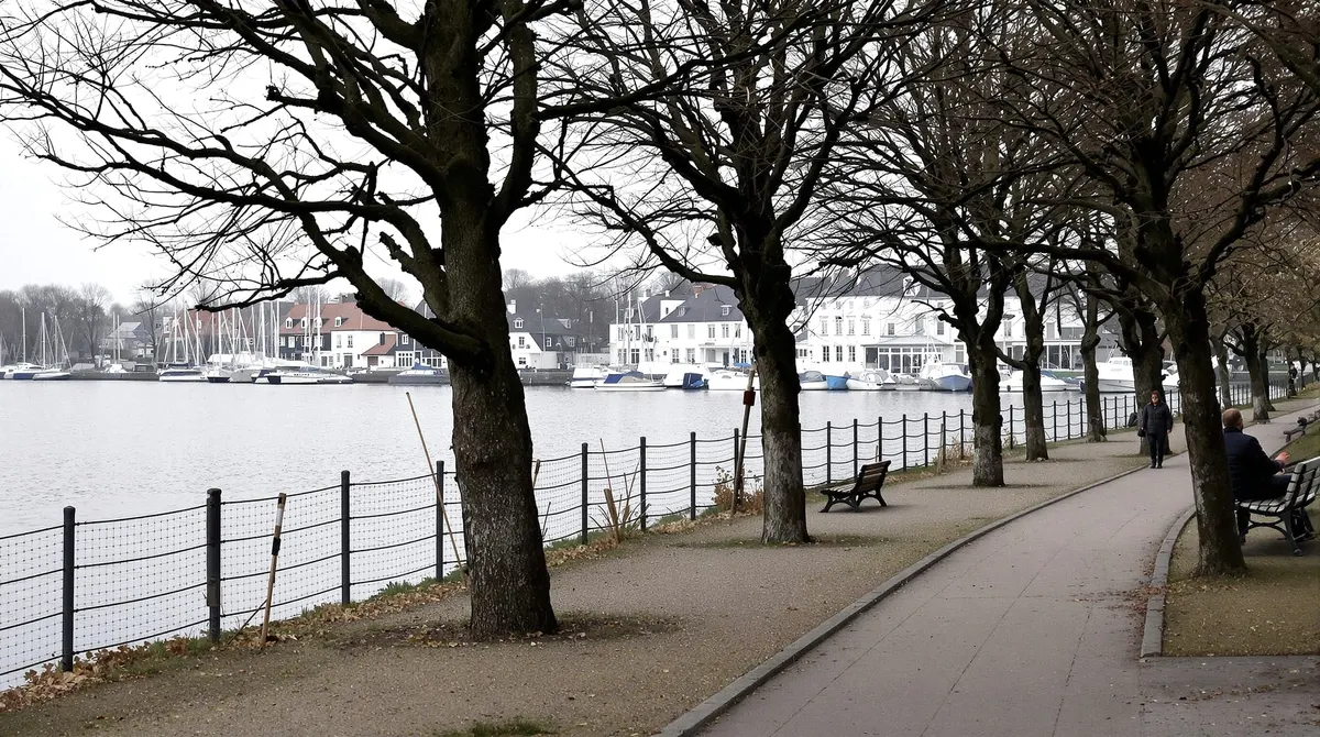 Ruhiger Uferweg an der Außenalster an einem grauen Dezembernachmittag