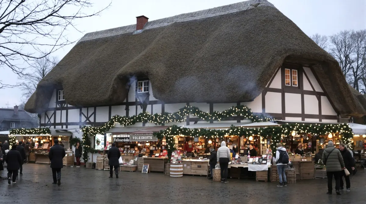 Adventsmarkt zwischen reetgedeckten Bauernhäusern im Museumsdorf Volksdorf