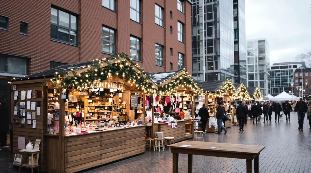 Kunsthandwerk-Adventsmarkt mit Holzständen zwischen Backsteinbauten in der HafenCity