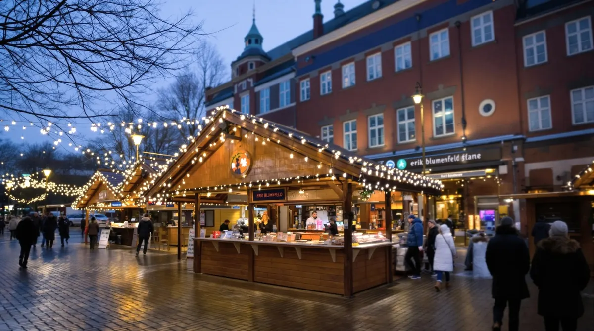 Holzbuden mit Lichterketten auf dem Erik-Blumenfeld-Platz am S-Bahnhof Blankenese in der Dämmerung