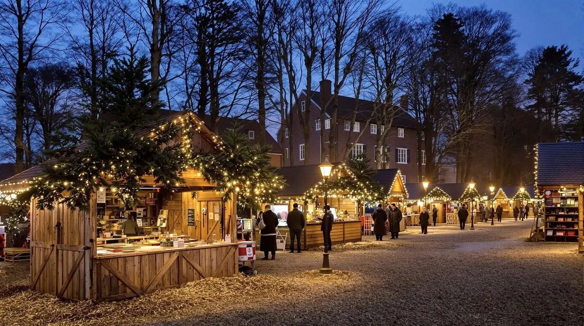 Weihnachtsmarkt zwischen alten Backsteinscheunen auf Gut Basthorst am frühen Abend
