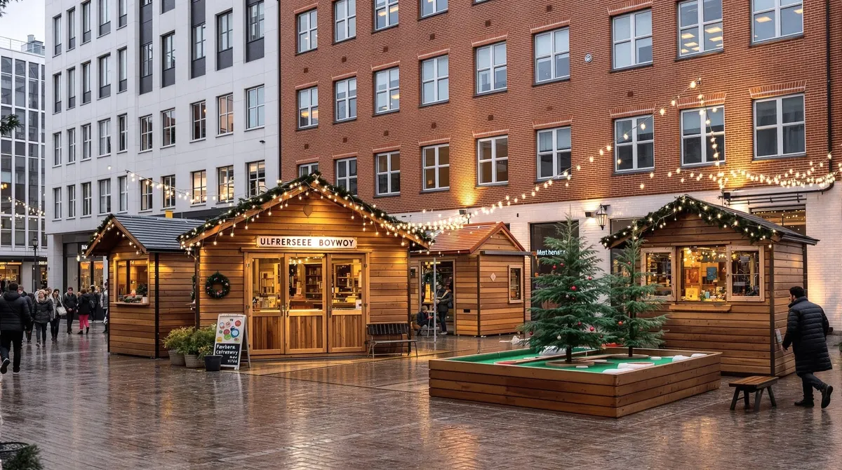 Holzhütten und Wintergolf auf dem Überseeboulevard in der HafenCity bei Abendlicht