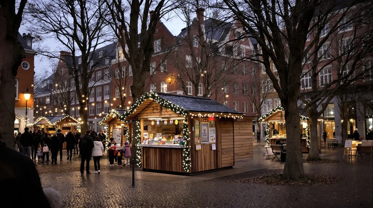 Christgrindelmarkt auf dem Allendeplatz mit Lichterketten zwischen kahlen Bäumen im Grindelviertel