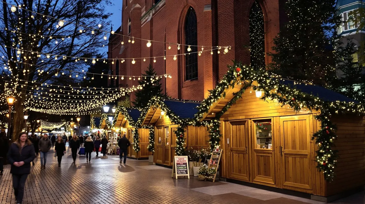 Holzhütten mit Lichterketten an der Hauptkirche St. Petri in der Hamburger Altstadt