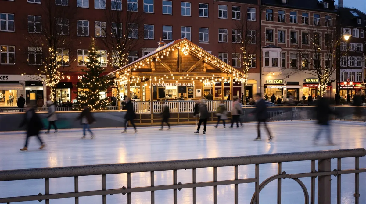 Eisbahn mit Schlittschuhläufern und Almhütte auf dem Wandsbeker Marktplatz am Abend