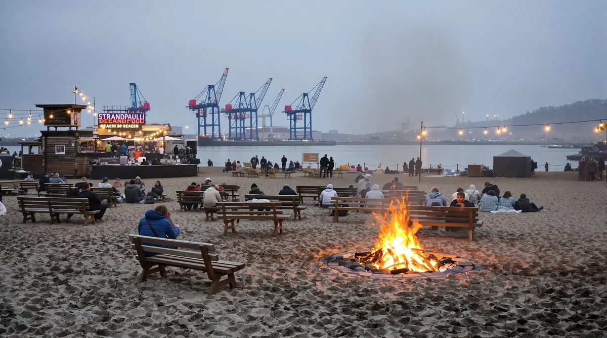 Feuerstelle im Sand am StrandPauli mit Blick über die Elbe auf Hafenkräne in der Dämmerung