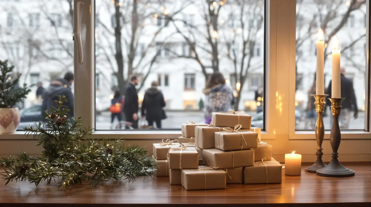 Kleine verpackte Wichtelgeschenke auf einer Kommode in einer Winterhuder Altbauwohnung