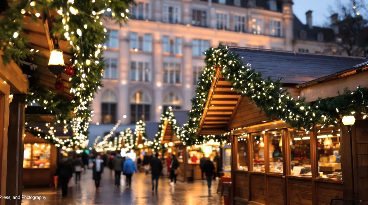 Weihnachtsmarkt auf dem Rathausmarkt mit Holzbuden und dem Hamburger Rathaus im Hintergrund