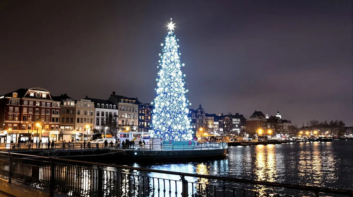 Beleuchtete Tanne auf der Binnenalster, vom Jungfernstieg aus gesehen in der Abenddämmerung