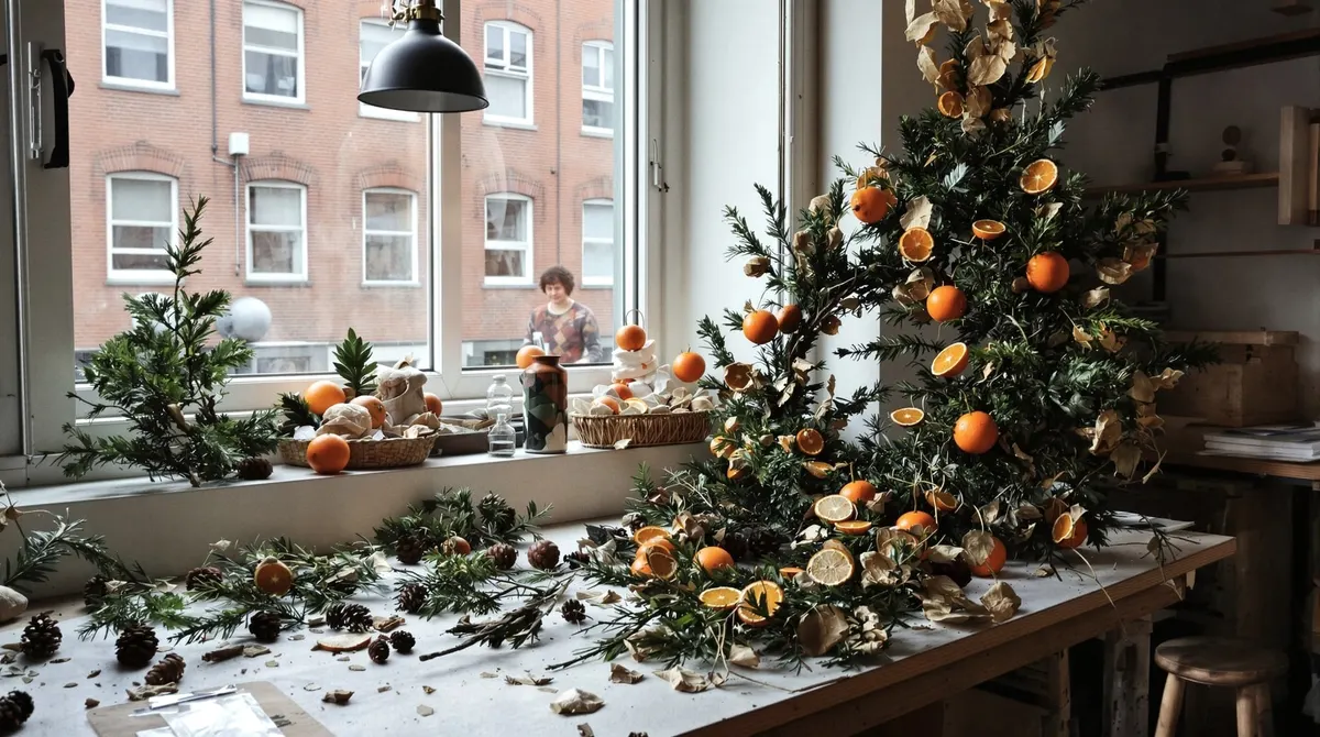 Halbfertiger Adventskranz mit Tannengrün und Zapfen auf einer Werkbank im Karoviertel