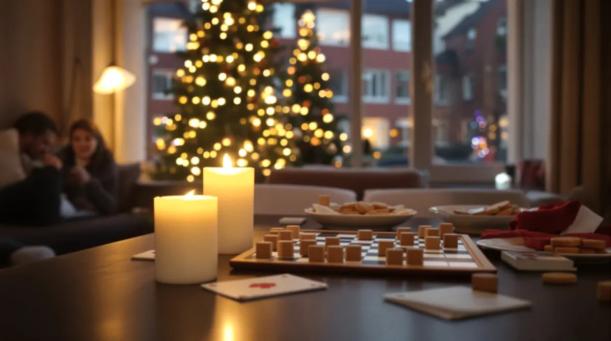 Brettspiel mit Holzfiguren und Kerzen auf einem Wohnzimmertisch in einer Barmbeker Altbauwohnung