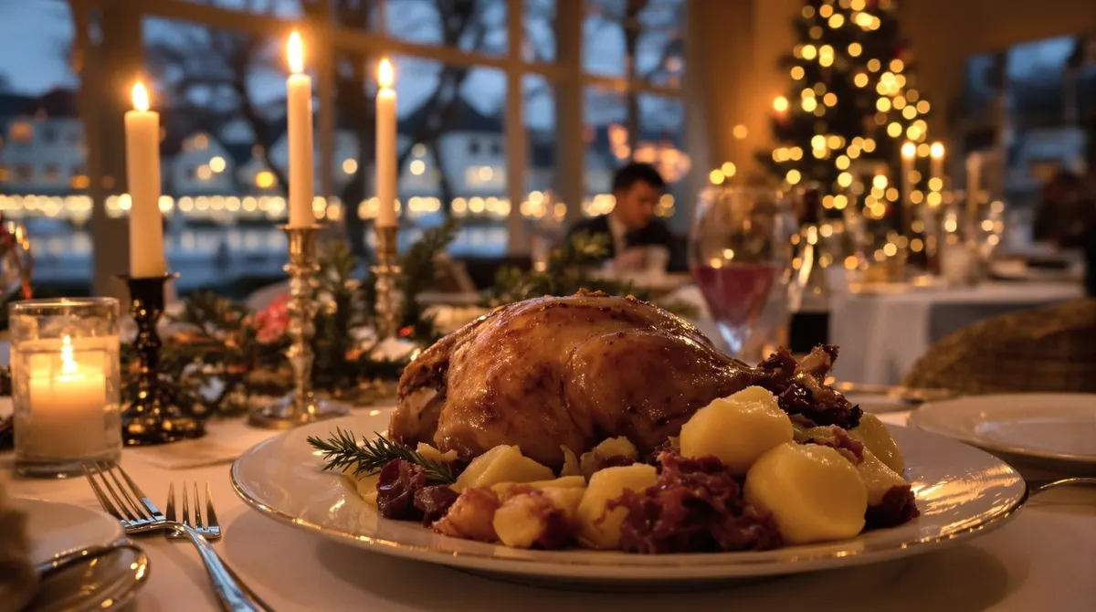 Weihnachtsgans mit Rotkohl und Klößen auf einem festlichen Tisch, draußen weiße Villen an der Alster