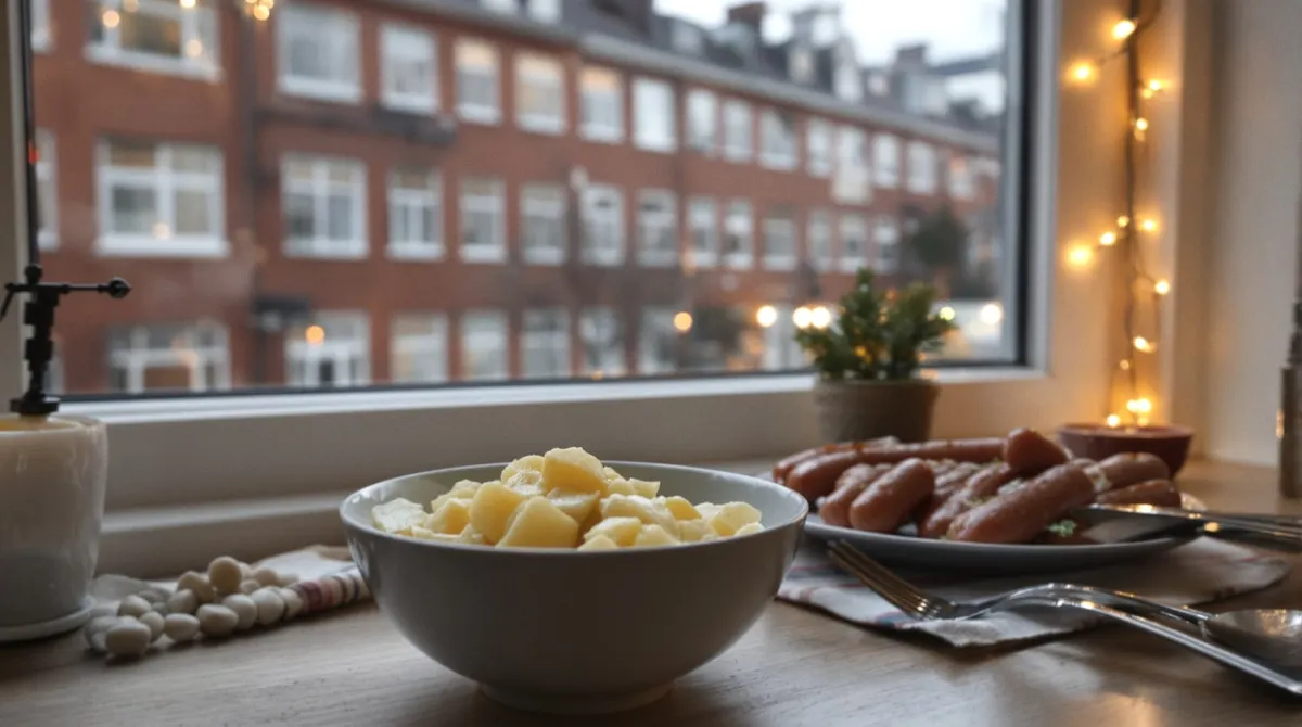 Kartoffelsalat und Würstchen auf dem Küchentisch einer Hamburger Altbauwohnung an Heiligabend