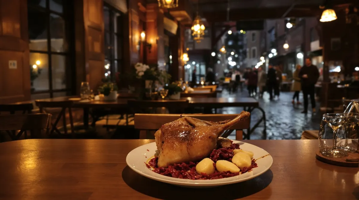 Gänsebraten mit Rotkohl und Klößen in einem alten Restaurant an der Deichstraße in Hamburg