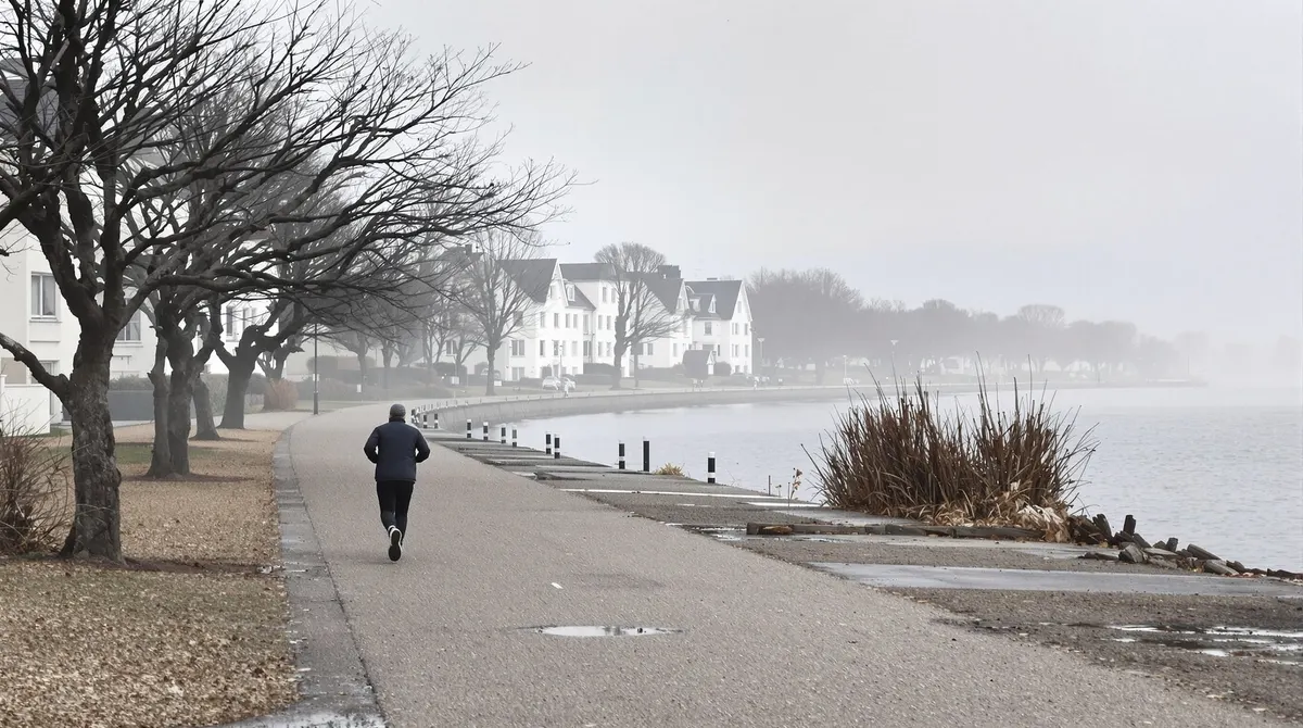 Joggerin von hinten am Ufer der Außenalster an einem grauen Januarmorgen