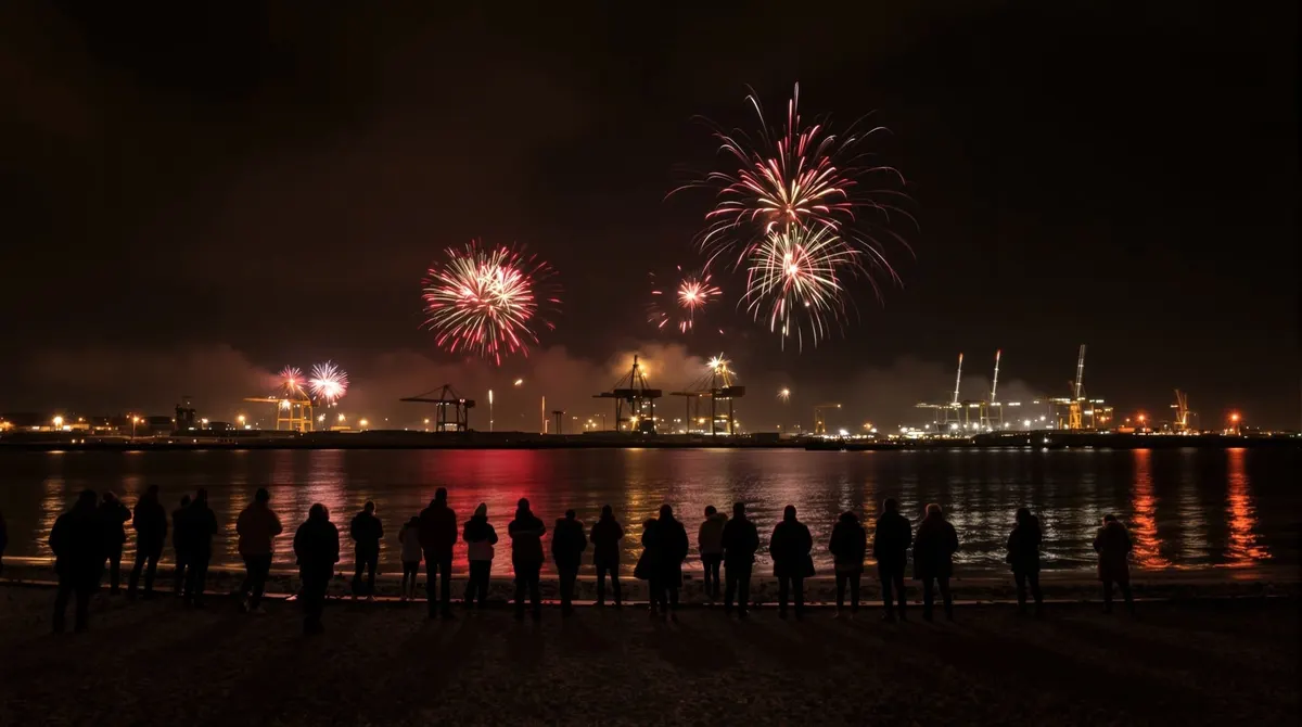 Menschen von hinten am Elbstrand Övelgönne, in der Ferne Feuerwerk über dem Hafen