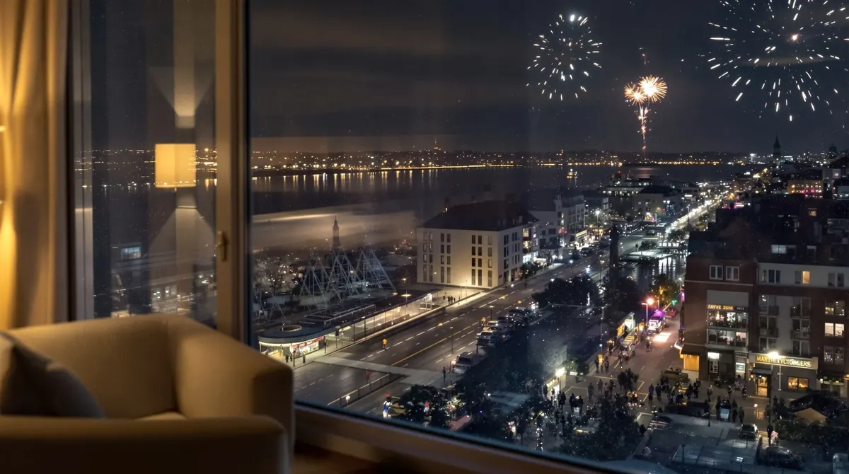 Blick aus einem Hotelzimmer auf die Binnenalster und den Jungfernstieg in der Silvesternacht