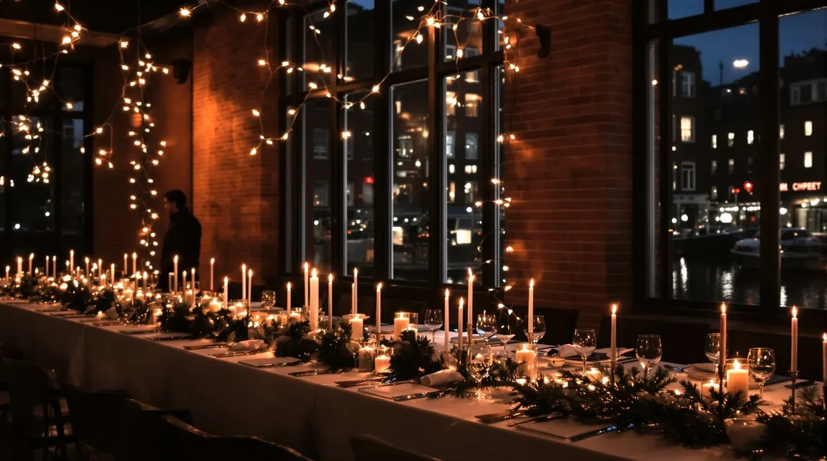 Festlich gedeckte Tafel für eine Weihnachtsfeier in einem Speicherboden der Speicherstadt