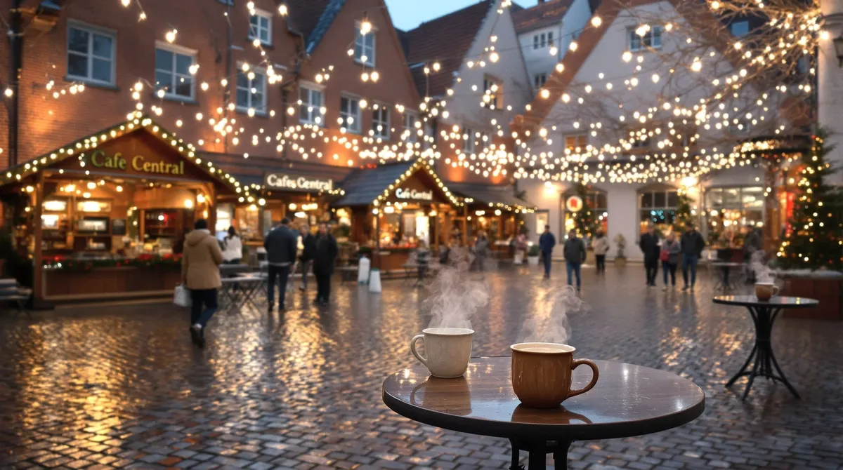 Kleiner Weihnachtsmarkt im Innenhof in der Lüneburger Altstadt mit Lichterketten und Heizstrahlern