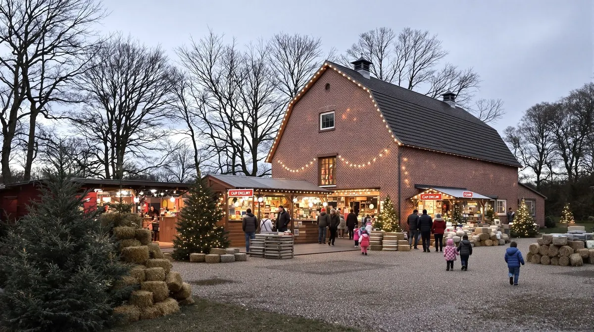 Hofweihnachtsmarkt in Lüneburg-Rettmer mit Backsteinscheune, Holzhütten und Teich im Hintergrund