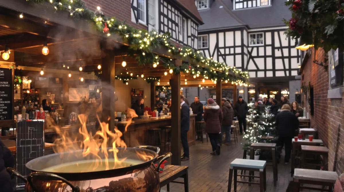Überdachter Hinterhof-Weihnachtsmarkt in der Lüneburger Altstadt mit Feuerzangenbowle und warmem Licht