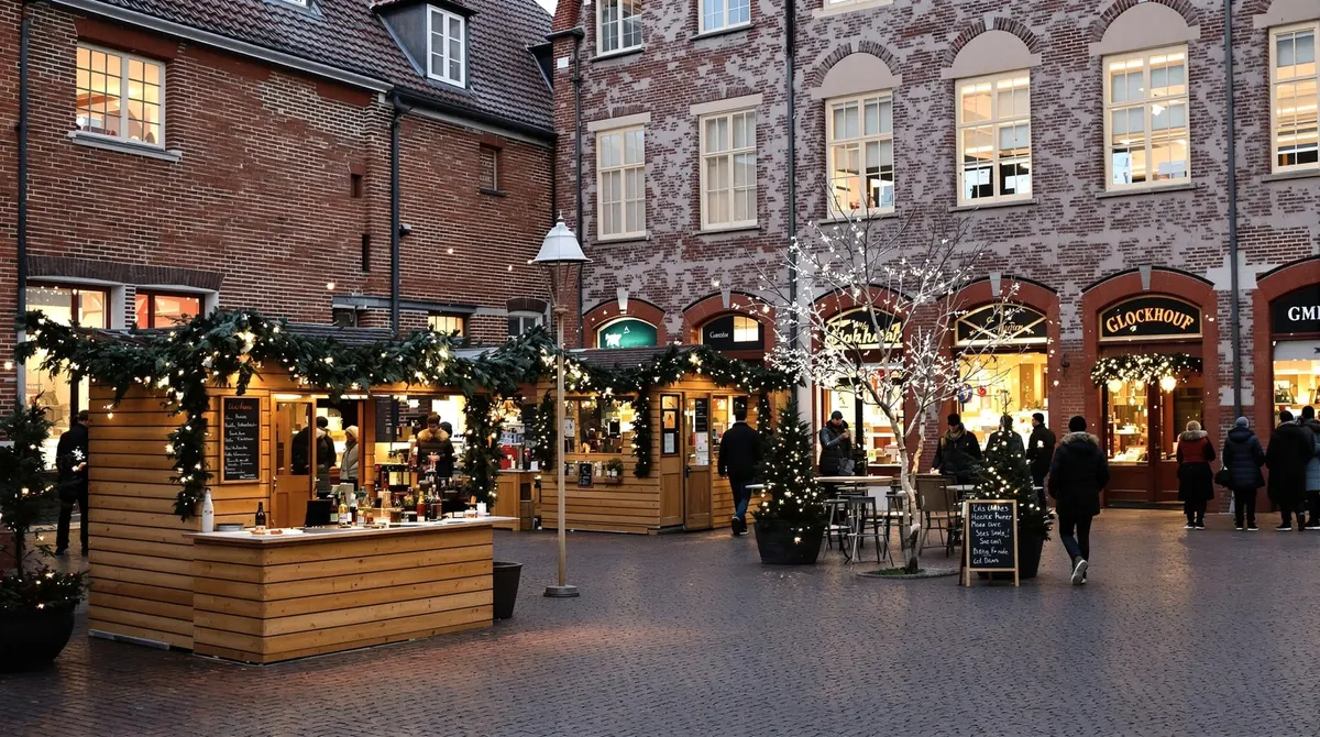 Kleiner Adventstreff im Glockenhof an der Großen Bäckerstraße in Lüneburg mit Holzhütten