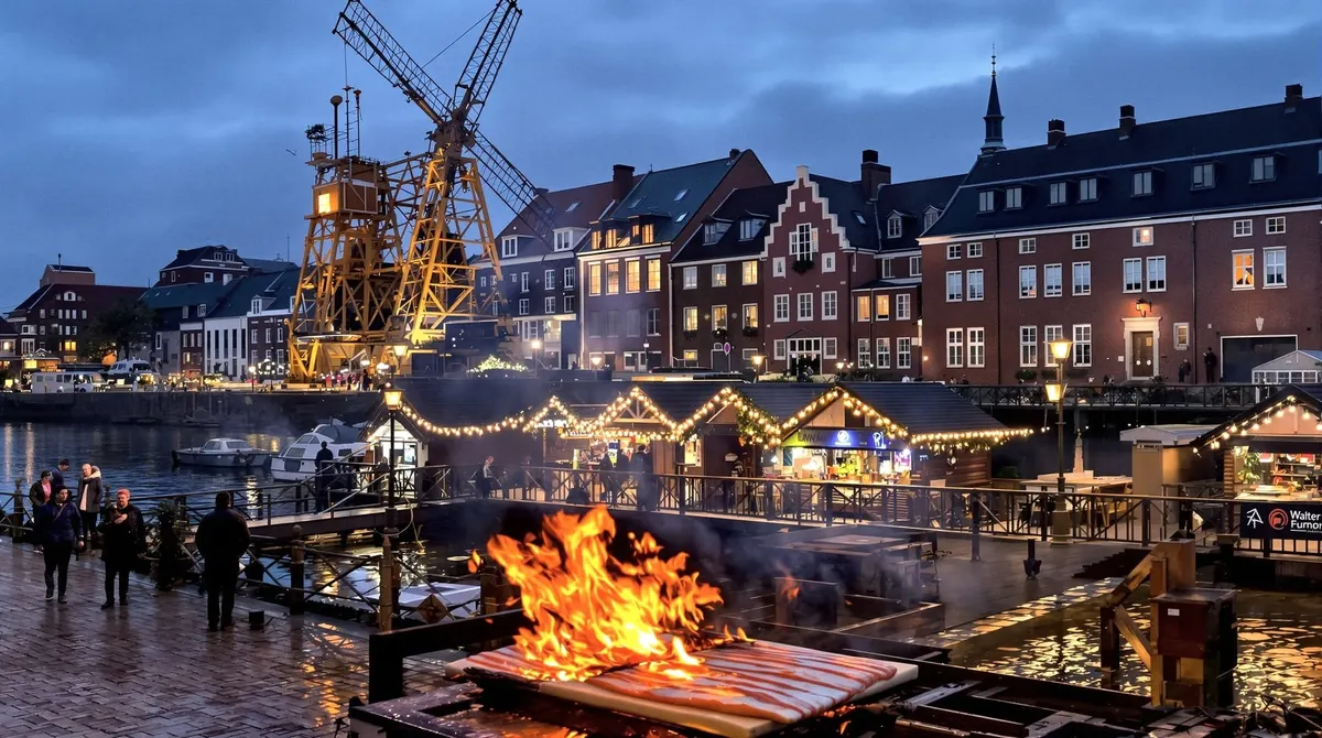 Weihnachtsmarkt am Alten Kran an der Ilmenau im Lüneburger Wasserviertel mit Flammlachs-Feuer