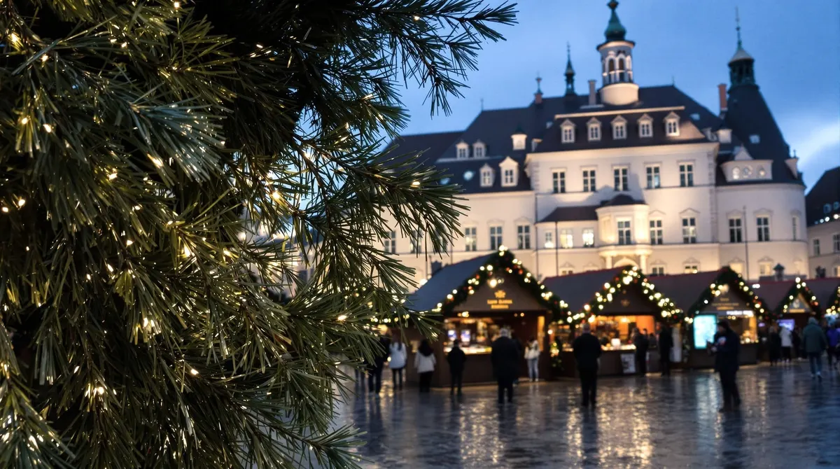 Weihnachtsbuden auf dem Marktplatz vor dem Lüneburger Rathaus in der blauen Stunde